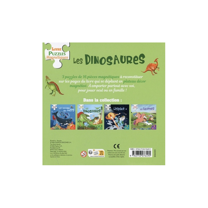 Livre Puzzles Magnétiques : Les Dinosaures - 3 puzzles de 16 pièces