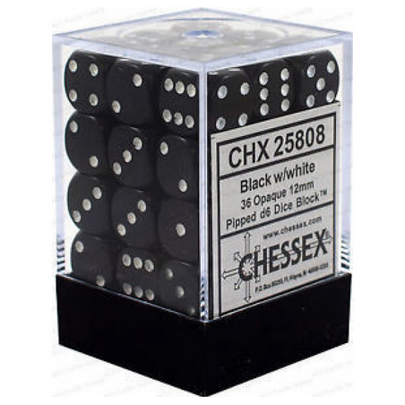 Dés - Chessex - Set de 36 Dés à 6 faces - 12 mm - Opaque : Noir/Blanc