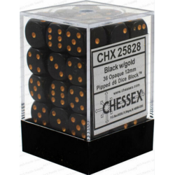 Dés - Chessex - Set de 36 Dés à 6 faces - 12 mm - Opaque : Noir/Or