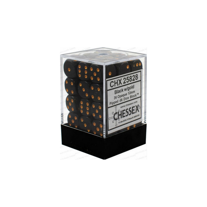 Dés - Chessex - Set de 36 Dés à 6 faces - 12 mm - Opaque : Noir/Or