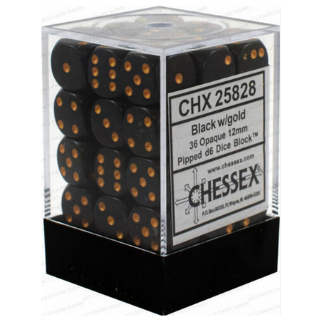Dés - Chessex - Set de 36 Dés à 6 faces - 12 mm - Opaque : Noir/Or