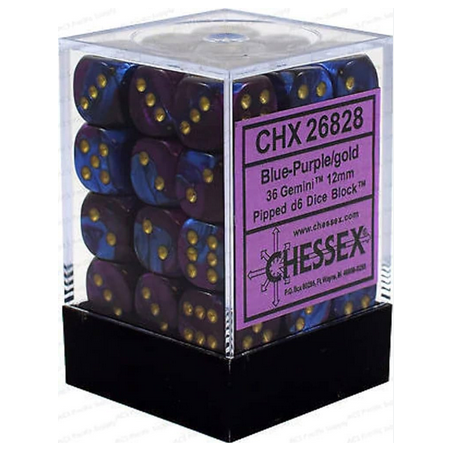 Dés - Chessex - Set de 36 Dés à 6 faces - 12 mm - Gemini : Bleu/Violet/Or