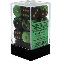 Dés - Chessex - Set de 12 Dés - À 6 Faces Couleur - Gemini : Noir/Vert/Or