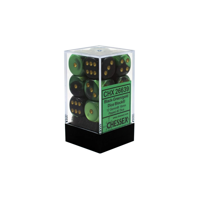 Dés - Chessex - Set de 12 Dés - À 6 Faces Couleur - Gemini : Noir/Vert/Or