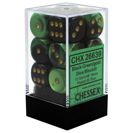 Dés - Chessex - Set de 12 Dés - À 6 Faces Couleur - Gemini : Noir/Vert/Or