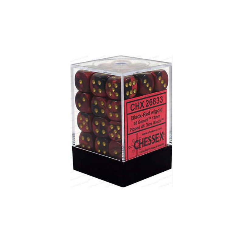 Dés - Chessex - Set de 36 Dés à 6 faces - 12 mm - Gemini : Noir/Rouge/Or