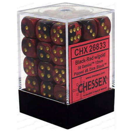 Dés - Chessex - Set de 36 Dés à 6 faces - 12 mm - Gemini : Noir/Rouge/Or