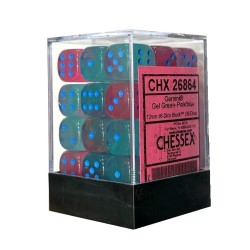 Dés - Chessex - Set de 36 Dés à 6 faces - 12 mm - Gemini Gel : Vert/Rose/Bleu