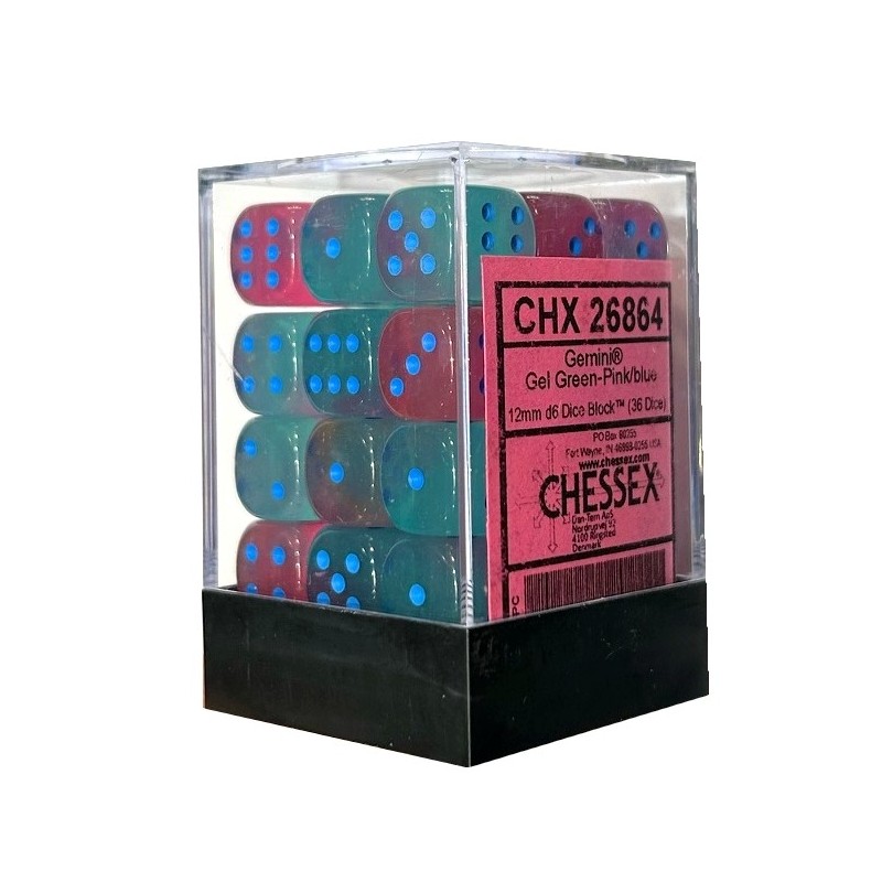Dés - Chessex - Set de 36 Dés à 6 faces - 12 mm - Gemini Gel : Vert/Rose/Bleu