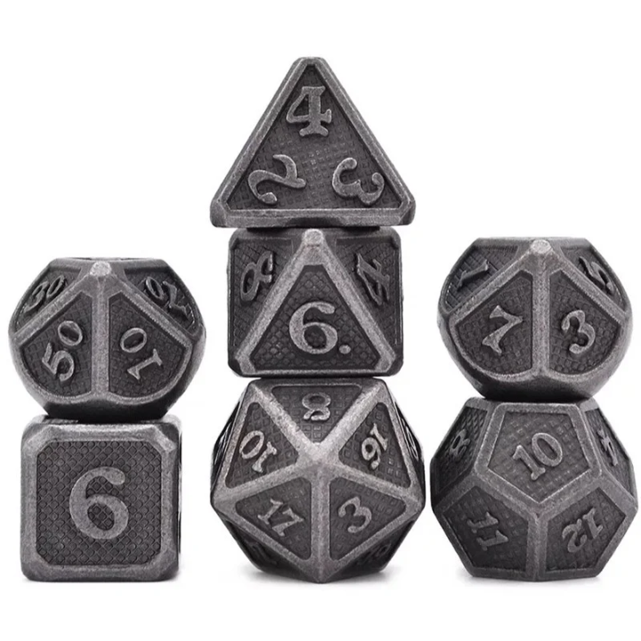 Set de 7 dés - (14mm) avec boite en métal - Solid Silver