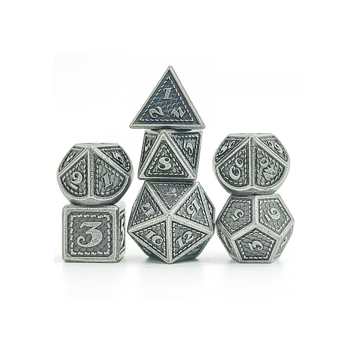 Set de 7 dés -  (16mm) avec boite en métal- Dragon Scale Silver