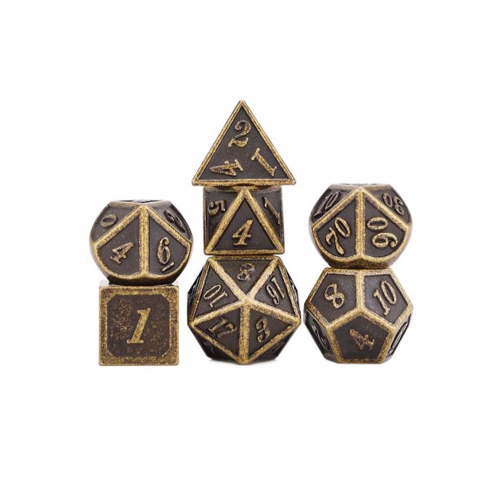 Set de 7 dés -  (14mm) avec boite en métal- Outlined Gold