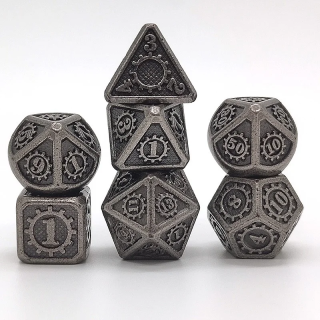 Set de 7 dés -  (14mm) avec boite en métal- Gear Silver