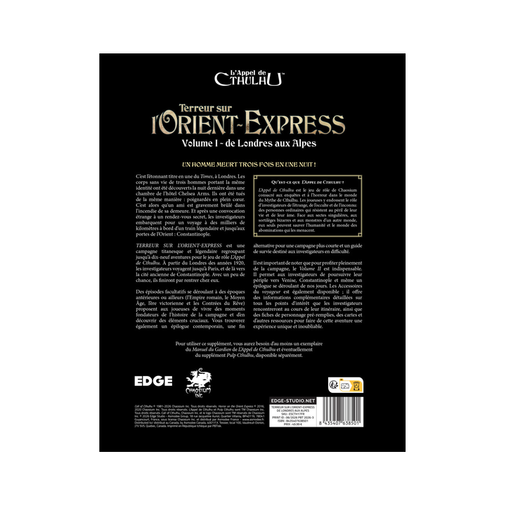 Jeux de rôle - L'Appel de Cthulhu - Terreur sur l’Orient-Express, Vol.1 : De Londres aux Alpes